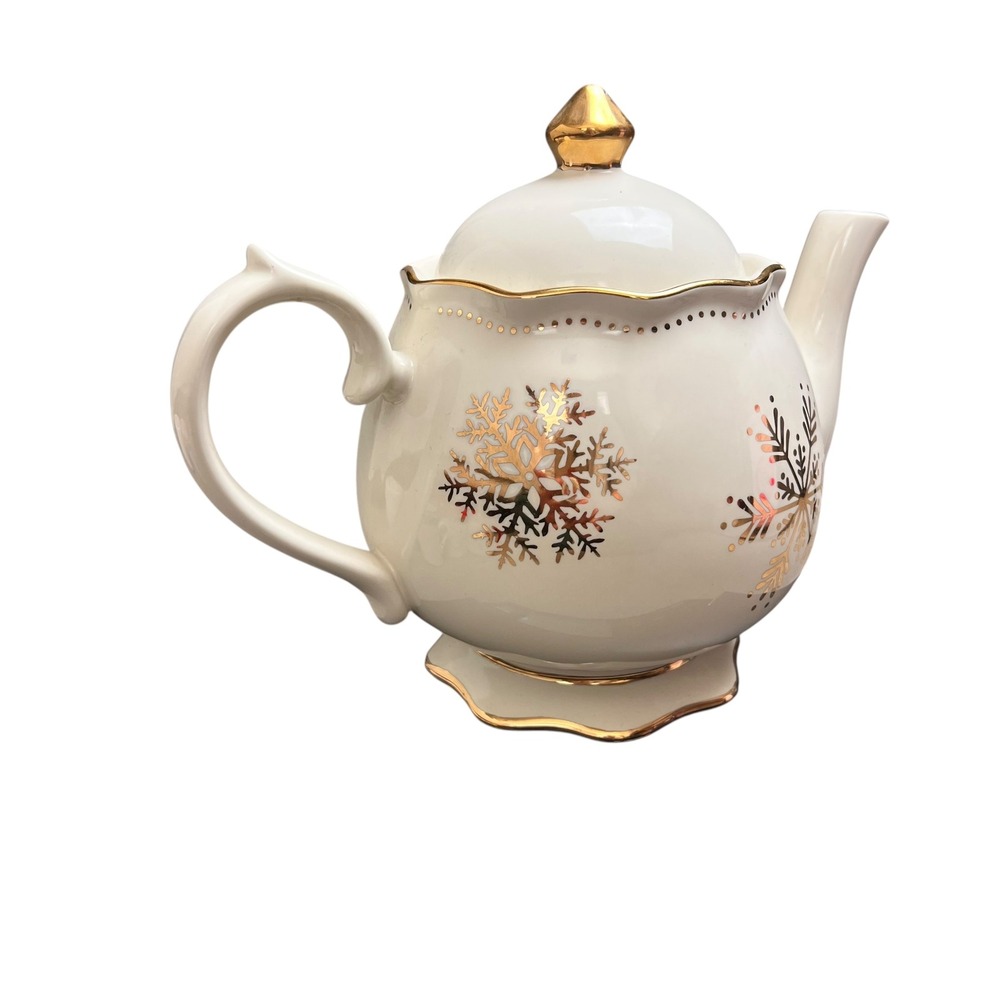 Cracker Barrel Season‎ of Glory White Gold Snowflake Ceramic Teapot Holiday